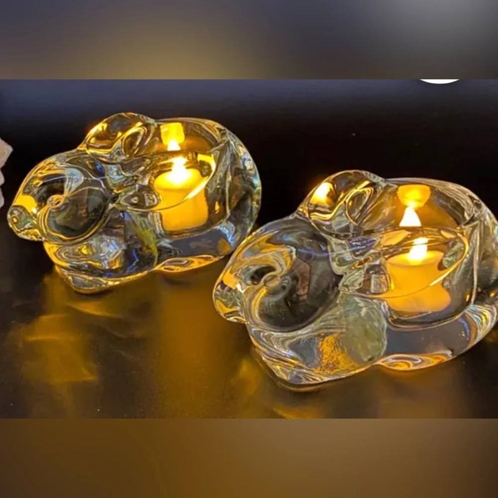 Set Of‎ 2 Indiana Glass Rabbit/ Bunny votive/tea light holders Heavy, 2.5